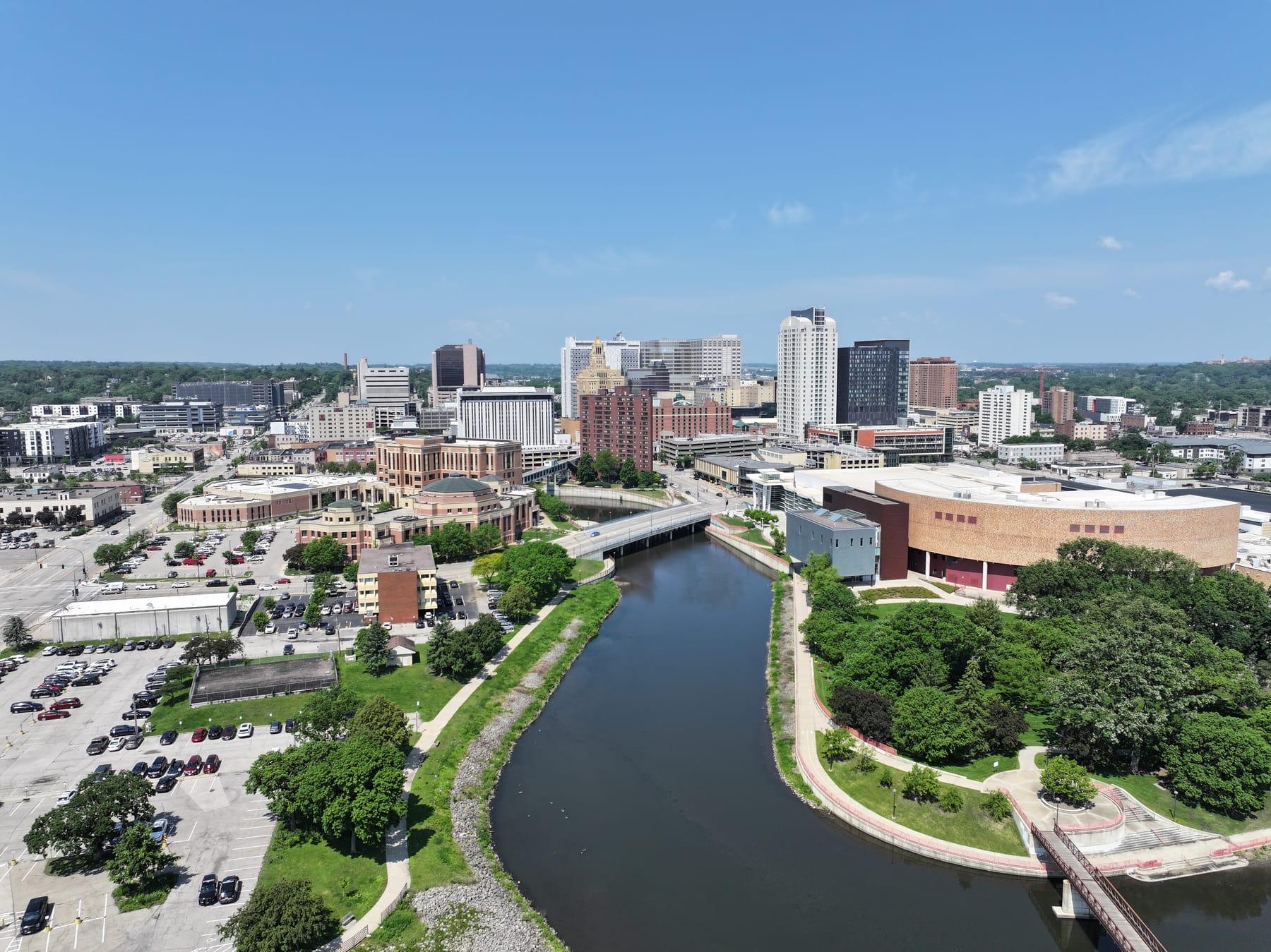 Aerial view of downtown Rochester, Minnesota and the river